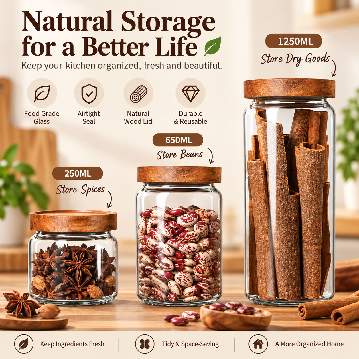 1pcs Wood Lid Orgnizer Glass A - đánh giá và giá Food Storage Glass Container Set